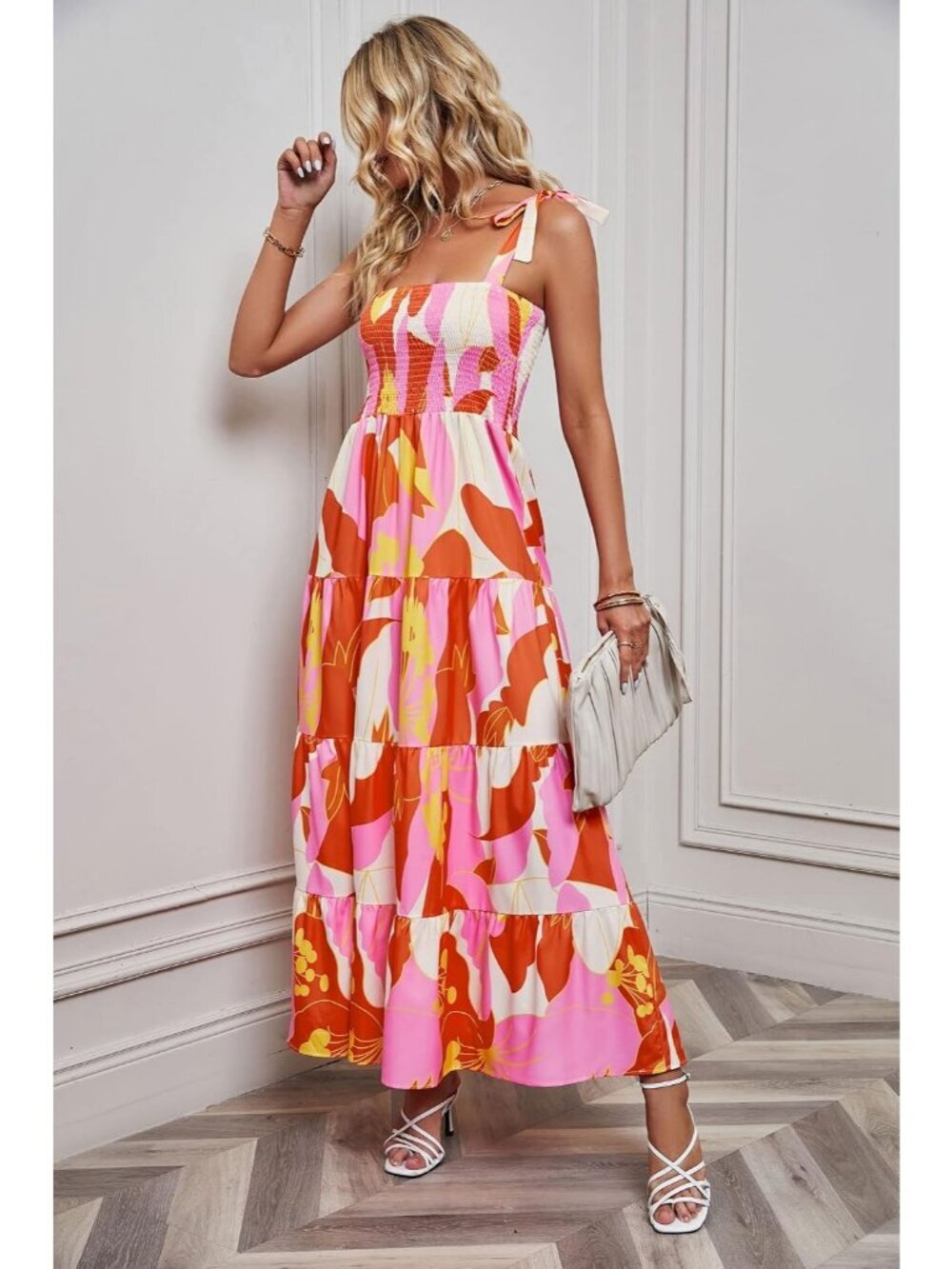 Women's Orange 1 Sleeveless Square Neck Ruffle Flowy Imported Maxi Dress - Picture 5 of 6